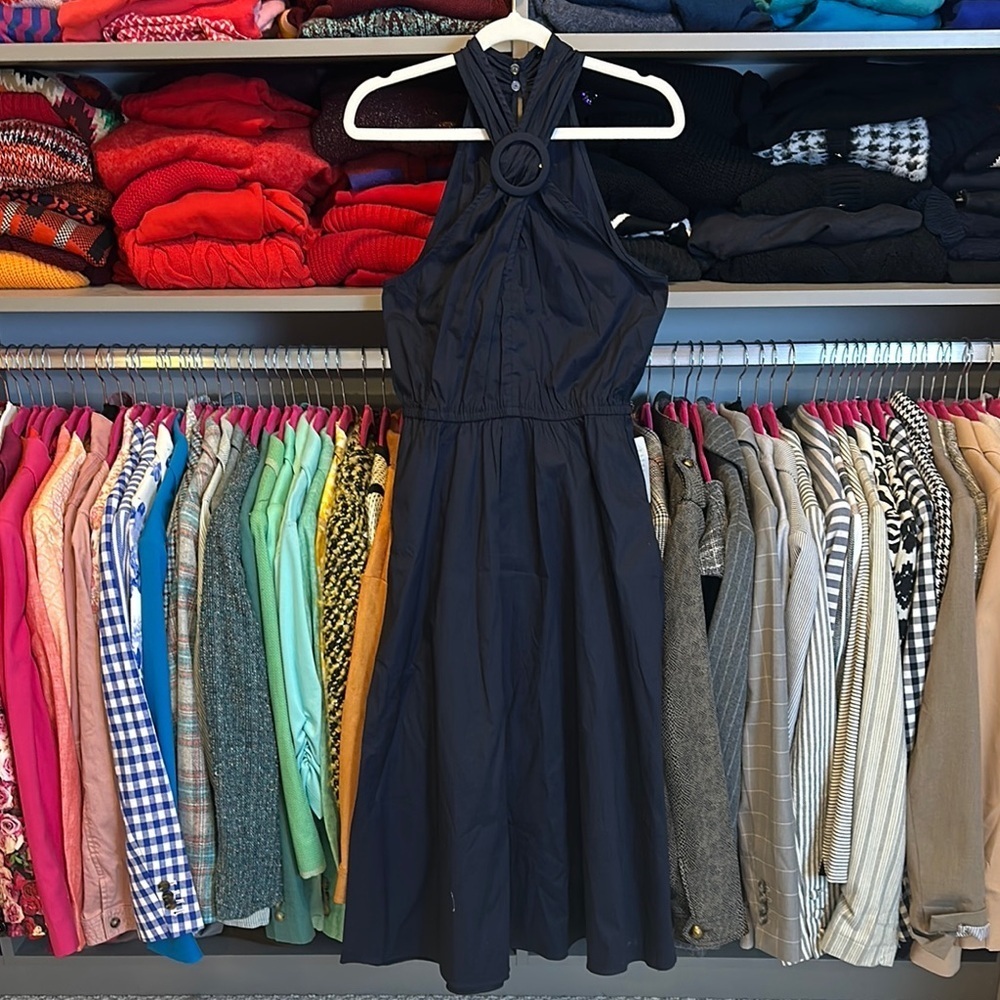 Maggy London navy halter neck button back elastic waistband dress size 2 NWT